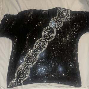 Vintage Joseph Le Bon 100% Silk Black Silver Beaded Cross Glam Tunic Blouse M